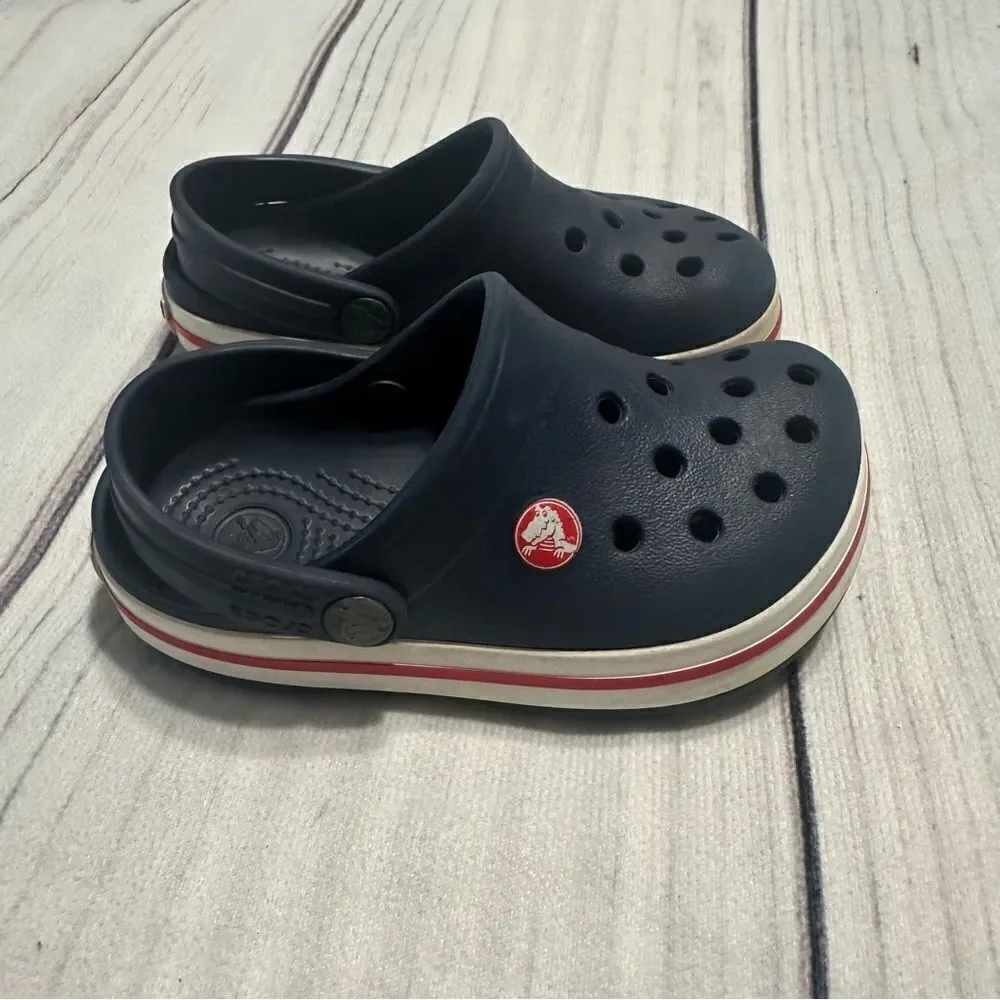 Crocs Crocband‎ Navy Blue Red Stripe Kid Toddler Sz 6/7 Preschool Water Sandals
